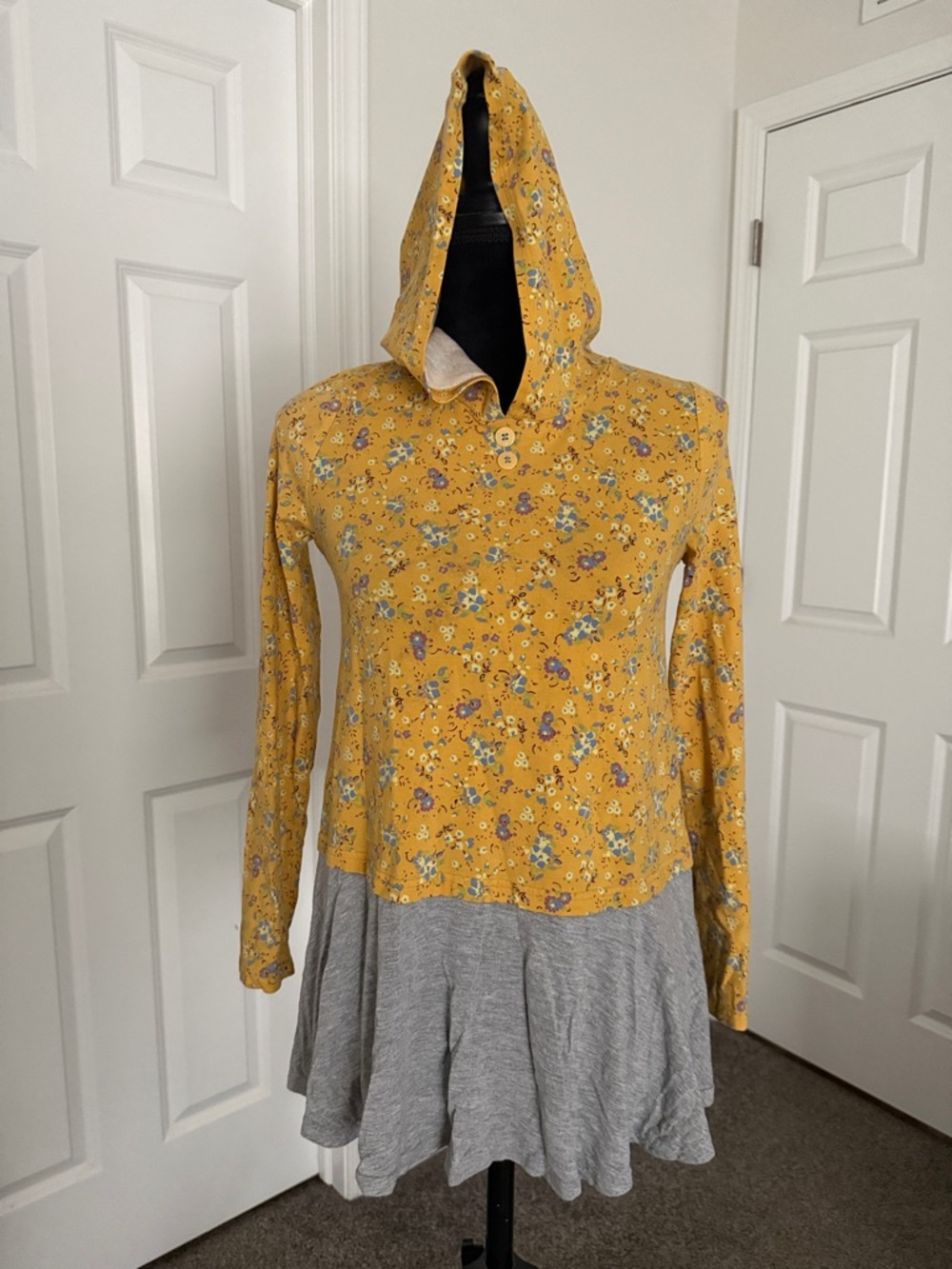 Mustard Yellow Floral Hooded Tunic Dress